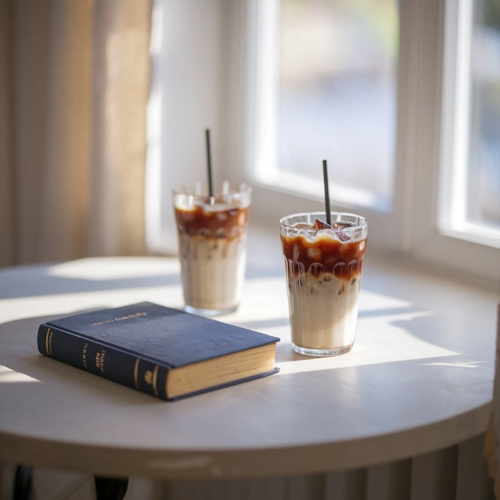 Two iced coffee drinks on a kitchen table with a closed Book of Mormon and sunlight streaming through a window.