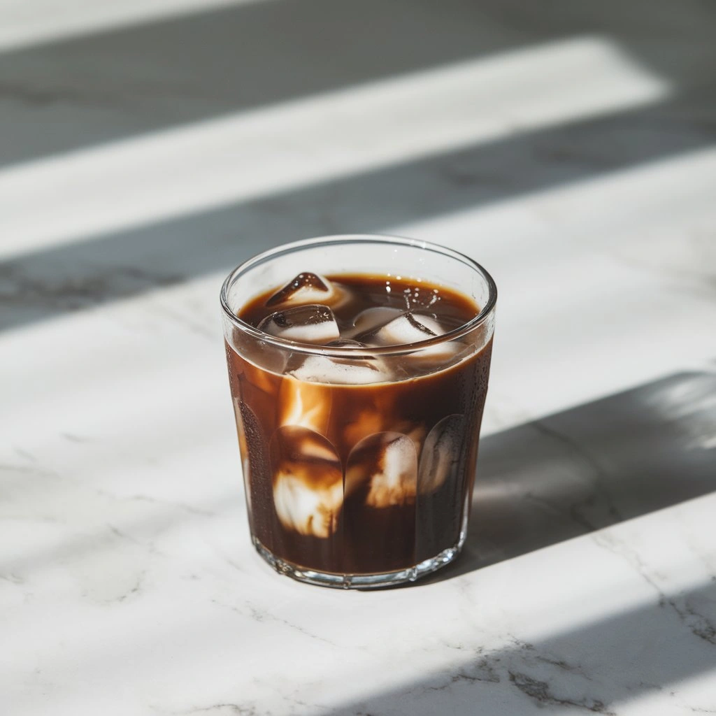 Single clear glass of unsweetened iced coffee with crystal-clear ice on a white marble surface, condensation on glass, bright natural light, minimalist background.