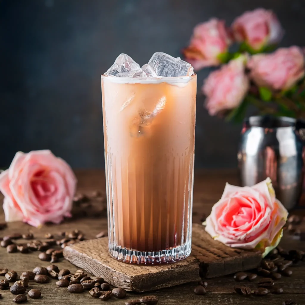 A tall glass of iced coffee rosé with a soft pink hue, ice cubes, and rose petals, set on an elegant wooden table with gentle natural light and greenery in the background.