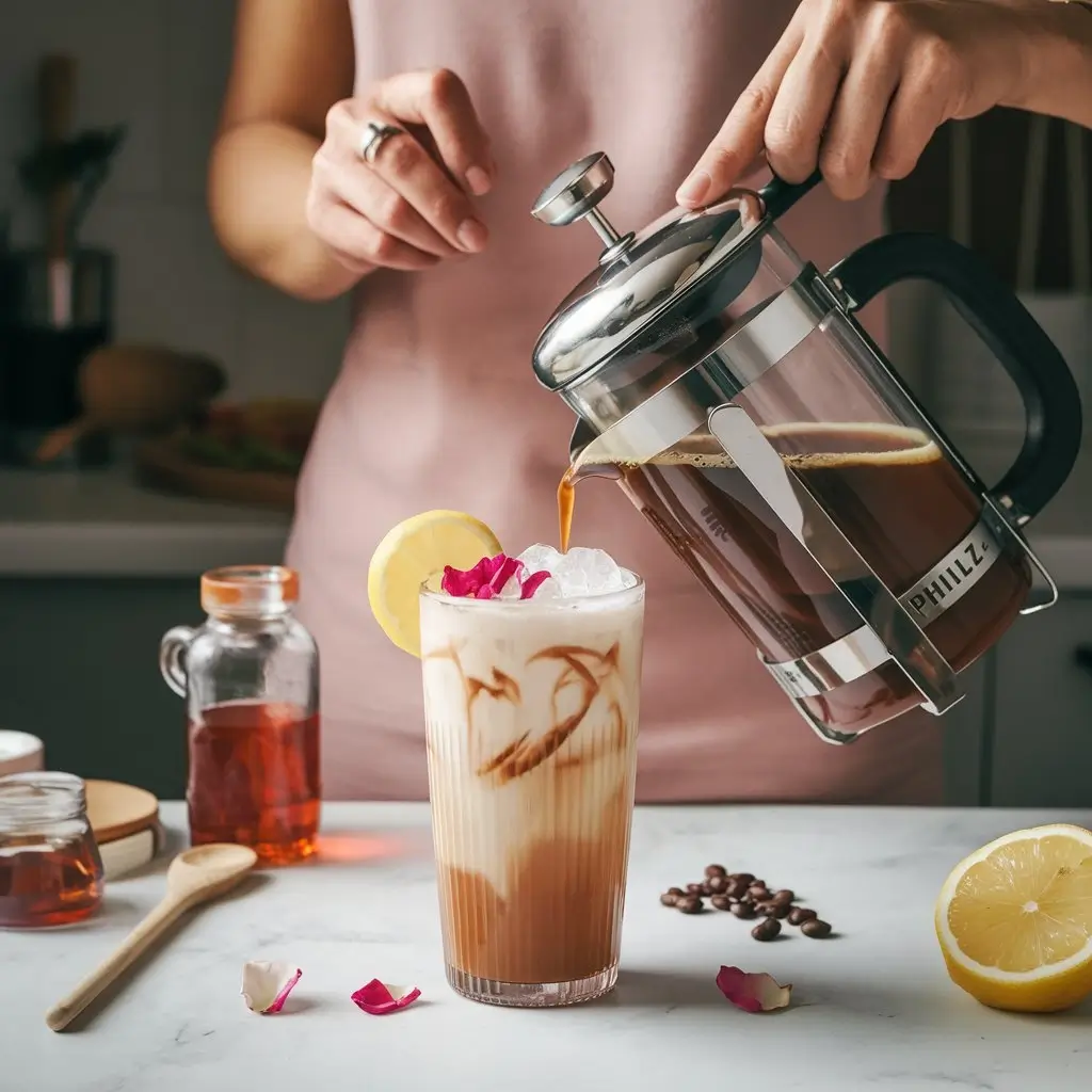 Step-by-step guide to making iced coffee rose Philz-style at home, with French press brewing, ice, rose syrup, and garnishes.