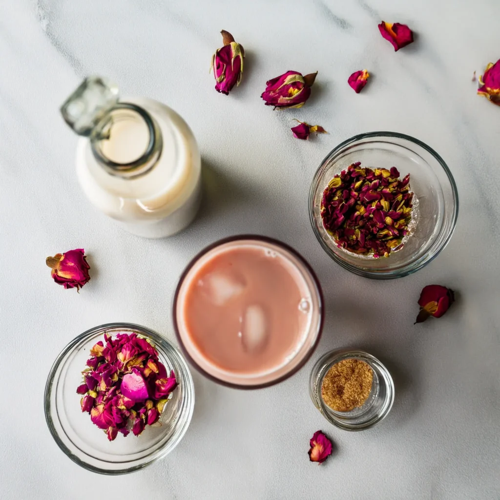 Flat lay of iced rose latte ingredients including espresso, rose syrup, milk, ice cubes, and dried rose petals on a light surface with a tall glass in the center.