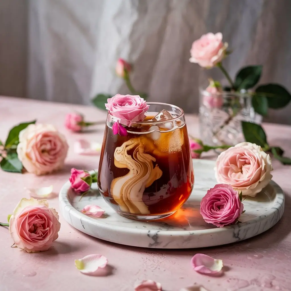 Elegant glass of iced coffee rosé with a creamy pink hue, rose petals, and ice cubes on a marble tray with fresh roses nearby in soft natural light.