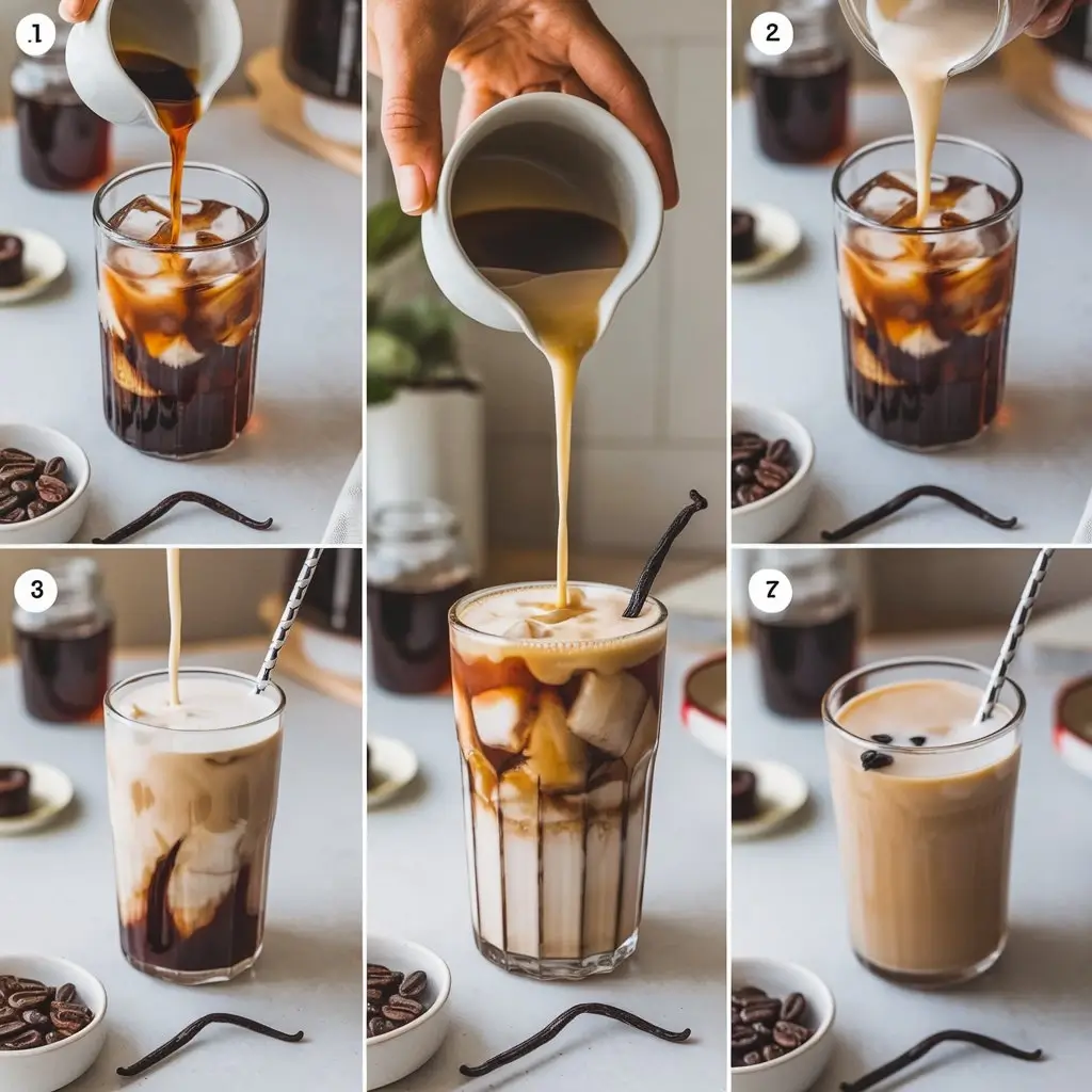 Step-by-step process of making vanilla iced coffee at home, with ice, freshly brewed coffee, vanilla syrup, milk, and vanilla bean garnish.
