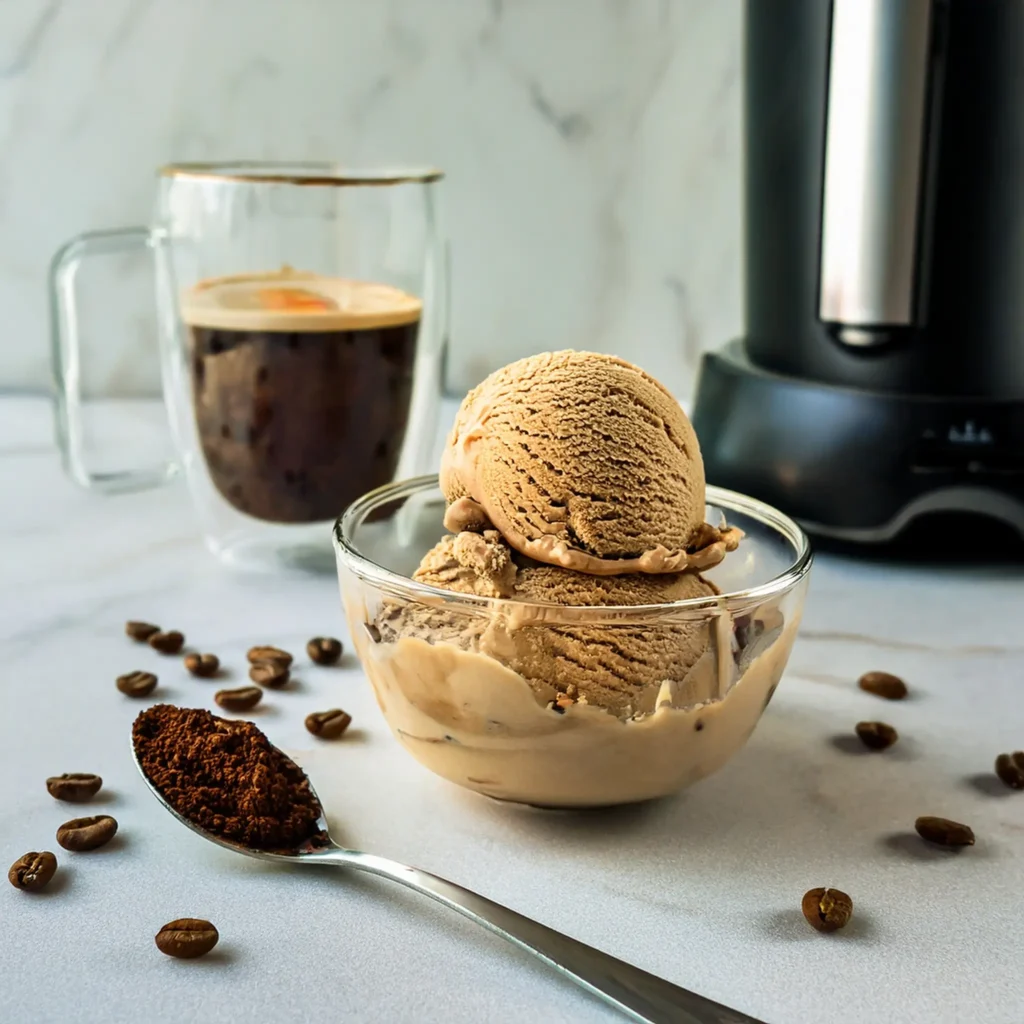 Scoop of homemade coffee ice cream in a bowl with coffee beans, Ninja Creami machine on a clean countertop, and fresh brewed coffee nearby.