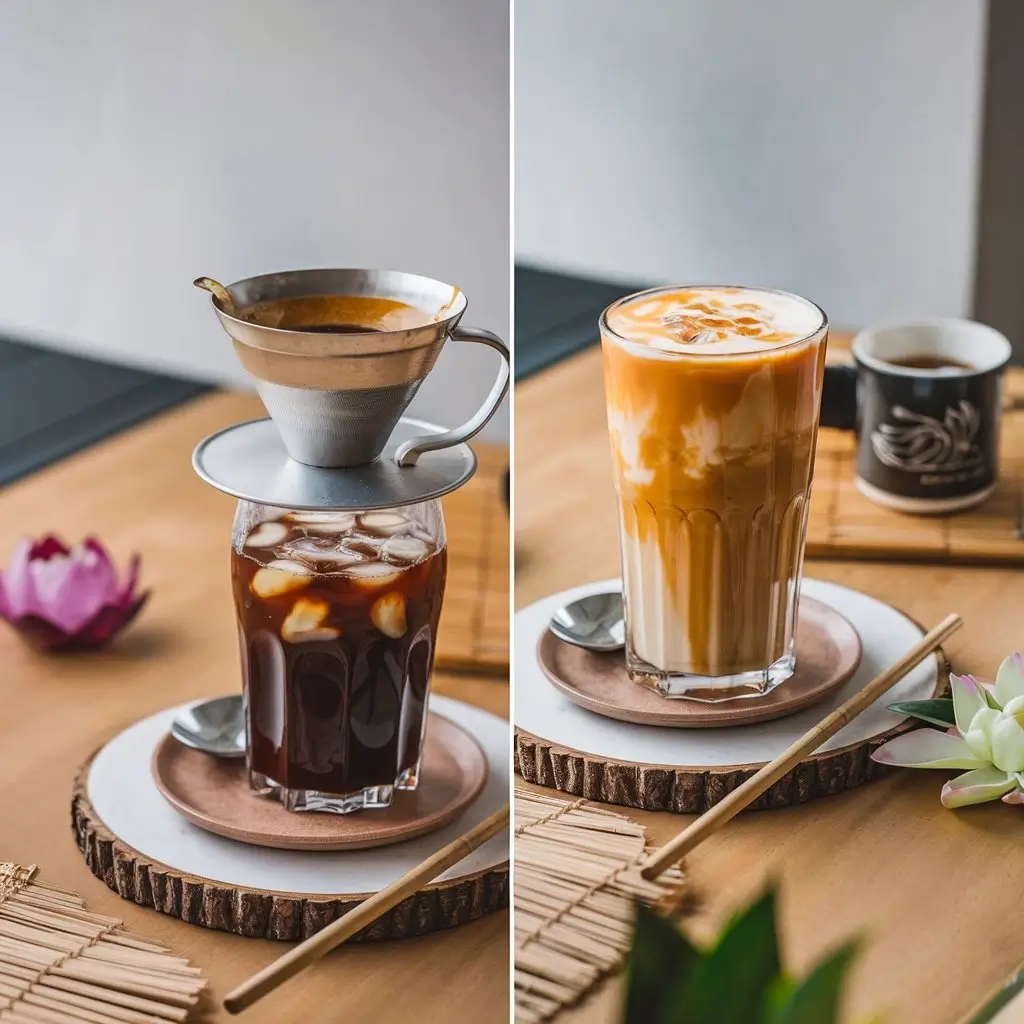 A side-by-side comparison of Vietnamese iced coffee with a phin filter and Thai iced coffee with vibrant orange hue, both served over ice and placed on a wooden table with Southeast Asian decor.