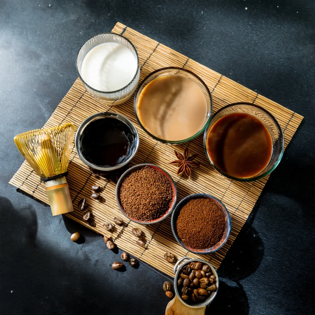 A flat lay of the key ingredients for Vietnamese and Thai iced coffee, showcasing dark roast coffee, phin filter, spices, and sweetened condensed milk.