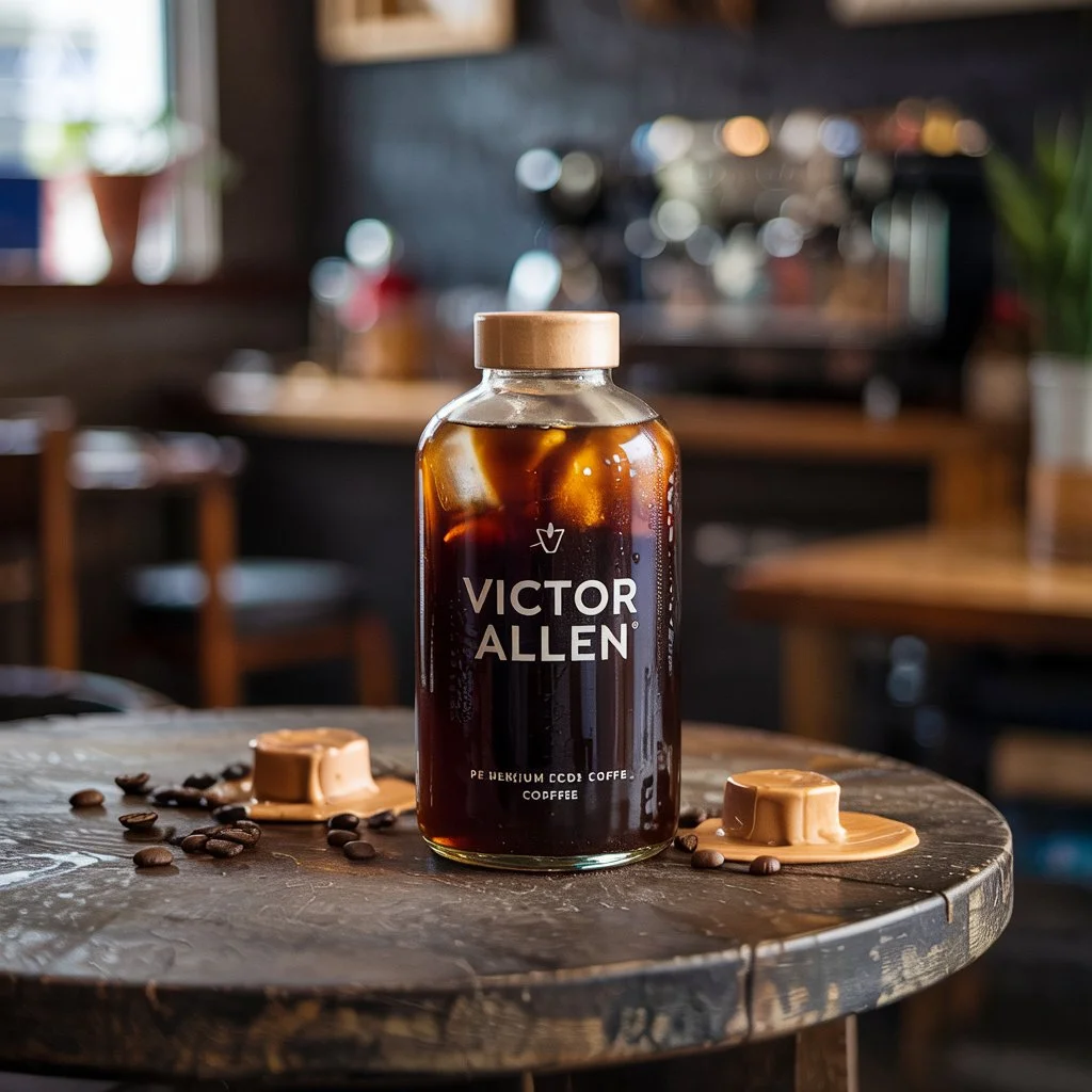 Victor Allen’s Iced Coffee bottle highlighted on a café table.