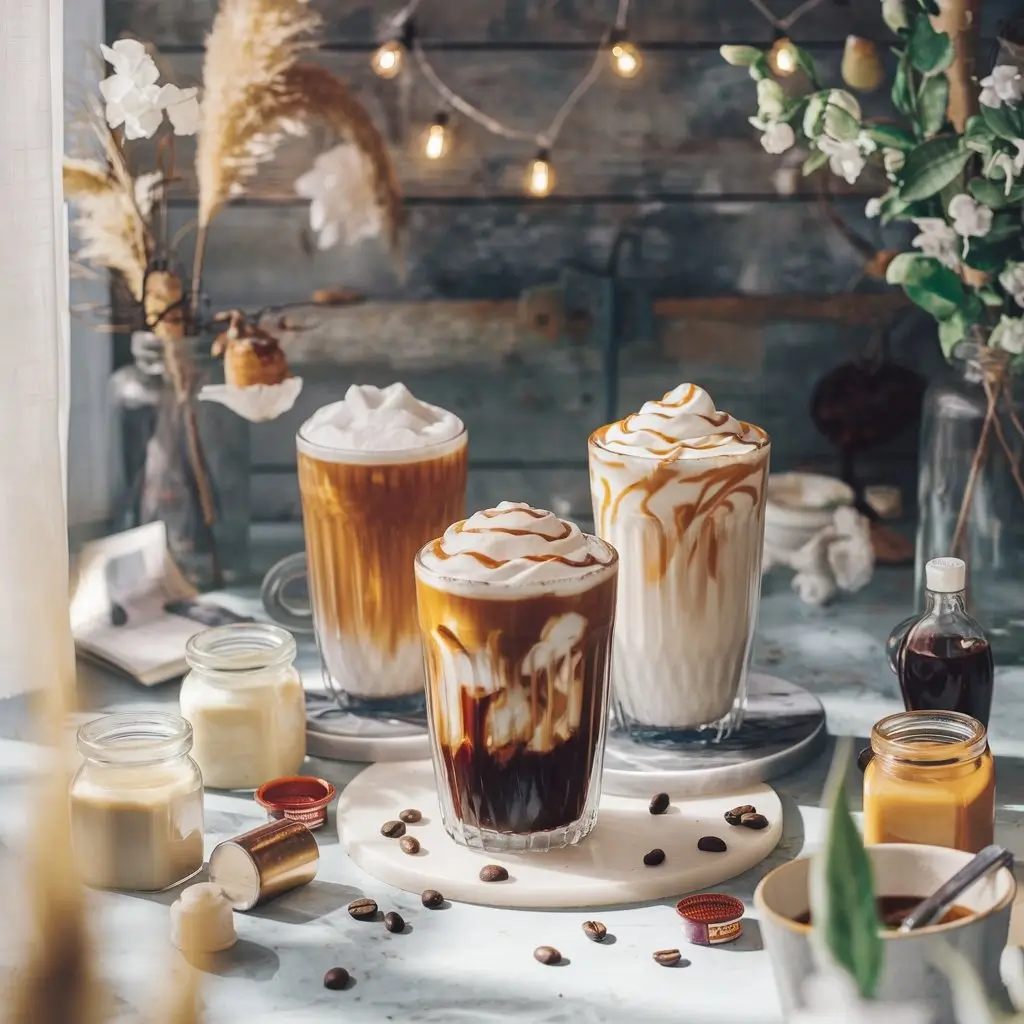 Three iced coffee drinks with vanilla creamer, coconut milk, and caramel swirl, on a cozy tabletop with creamers and coffee beans.