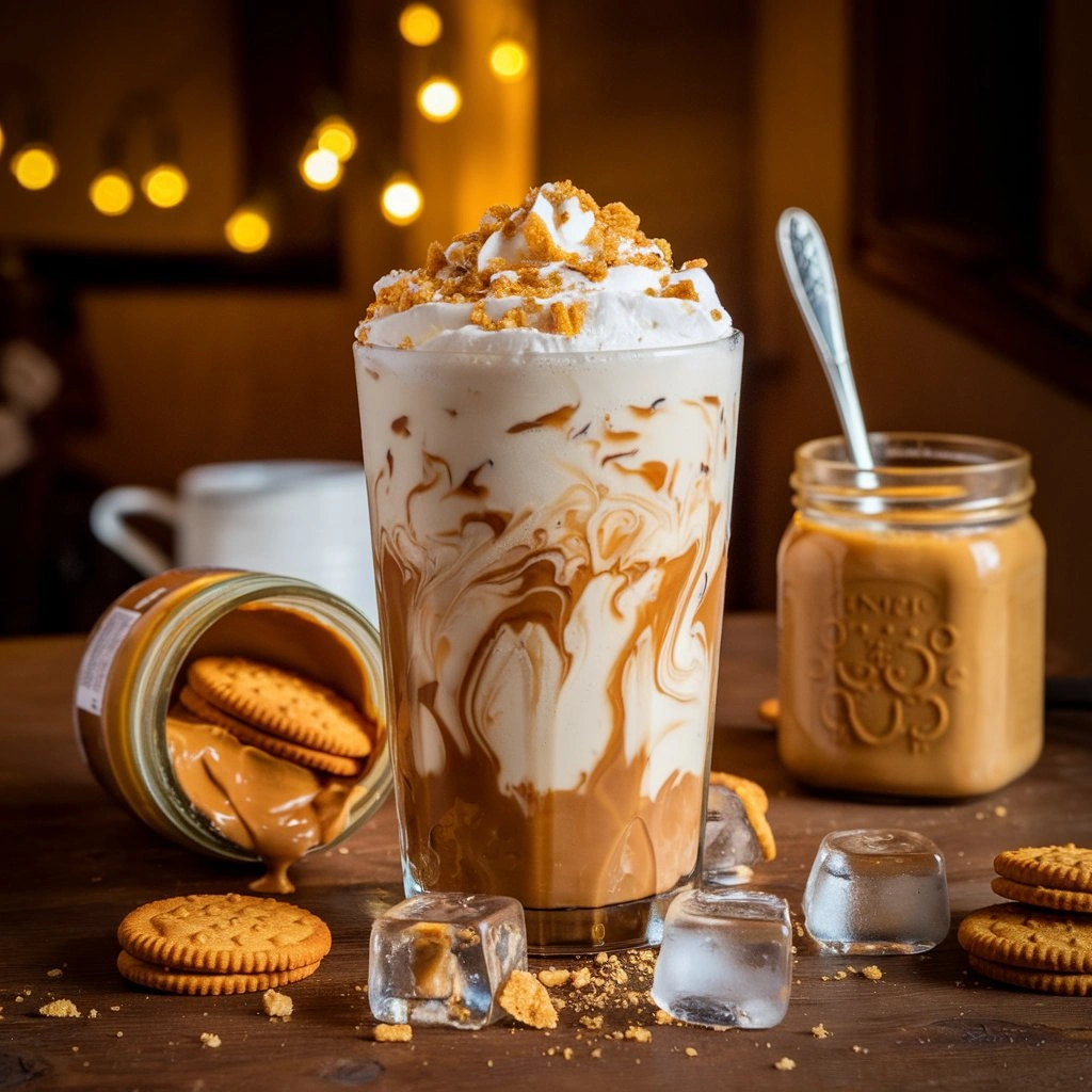 Cookie butter iced coffee topped with whipped cream and crushed cookies on a wooden table.
