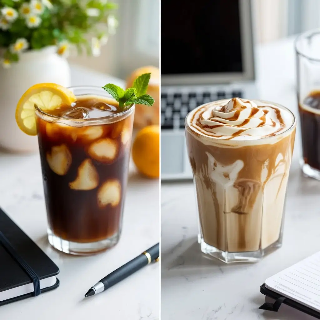 A split image showing cold brew coffee on one side and classic iced coffee on the other, each served in unique glasses with different garnishes and textures.