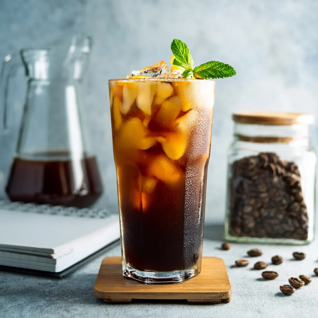 Close-up of a tall glass of cold brew coffee served over ice, garnished with a mint sprig or citrus twist, set against a minimalist background.