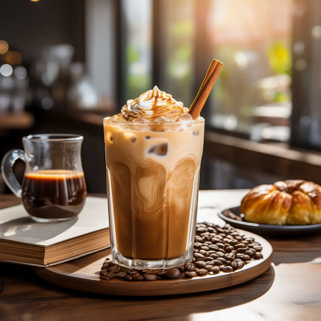 A refreshing glass of iced coffee with creamy milk swirl, frothy top, garnished with a cinnamon stick or coffee beans, set in a cozy café ambiance.