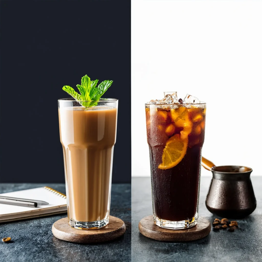 A split image comparing cold brew (left) and iced coffee (right), each served in unique glasses with subtle props like a coffee bean jar and notebook.