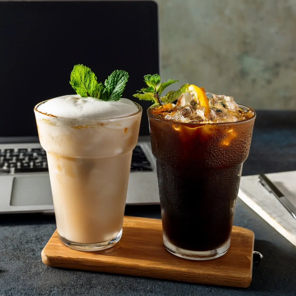 A comparison of cold brew (left) and iced coffee (right) served over ice with garnishes, placed on a minimalist desk with a laptop and notebook.