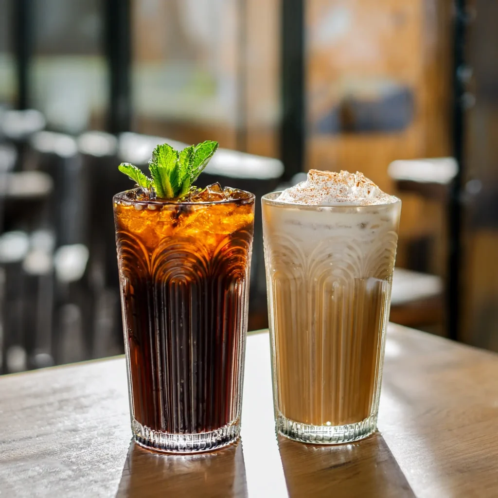 A side-by-side comparison of cold brew and iced coffee, each in a unique glass, showcasing their distinct profiles with a cozy café backdrop.