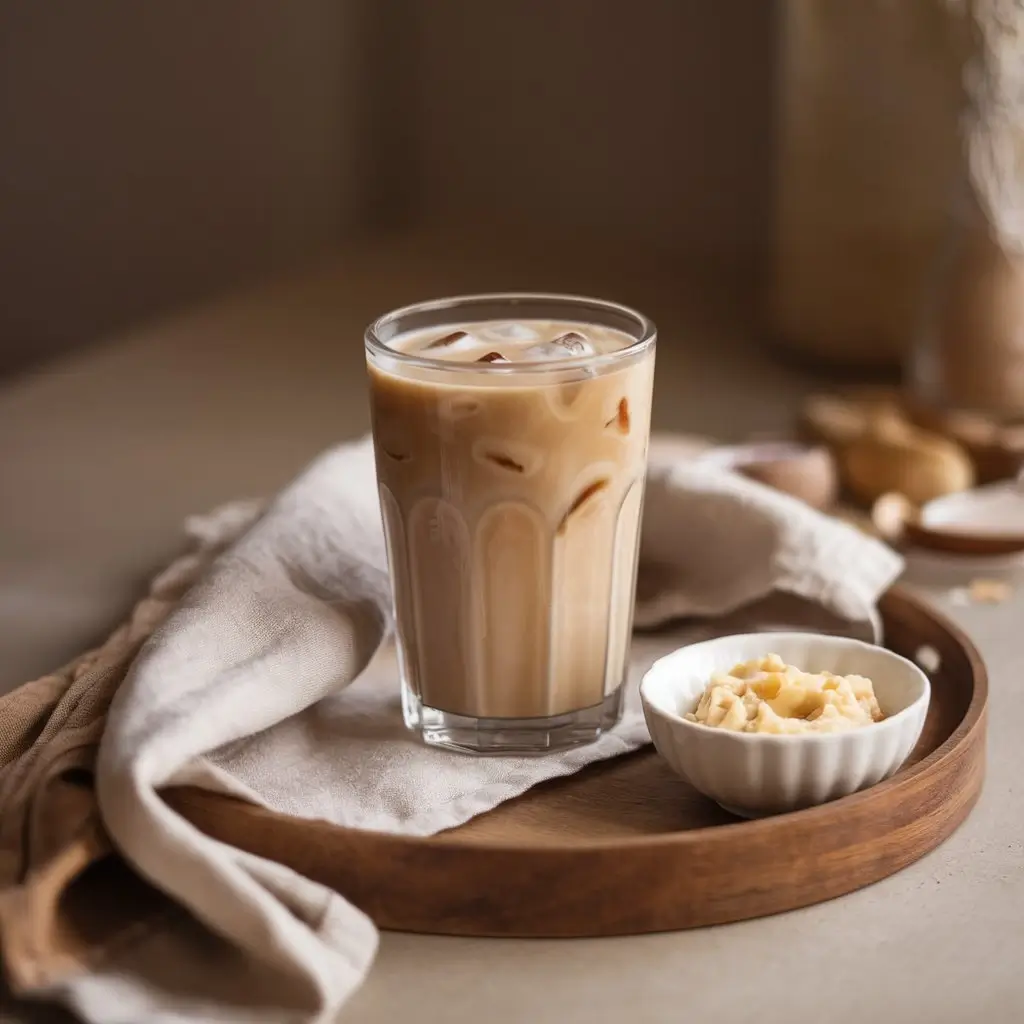 Glass of almond milk iced coffee with paper straw, oatmeal, and linen cloth on a wooden tray.