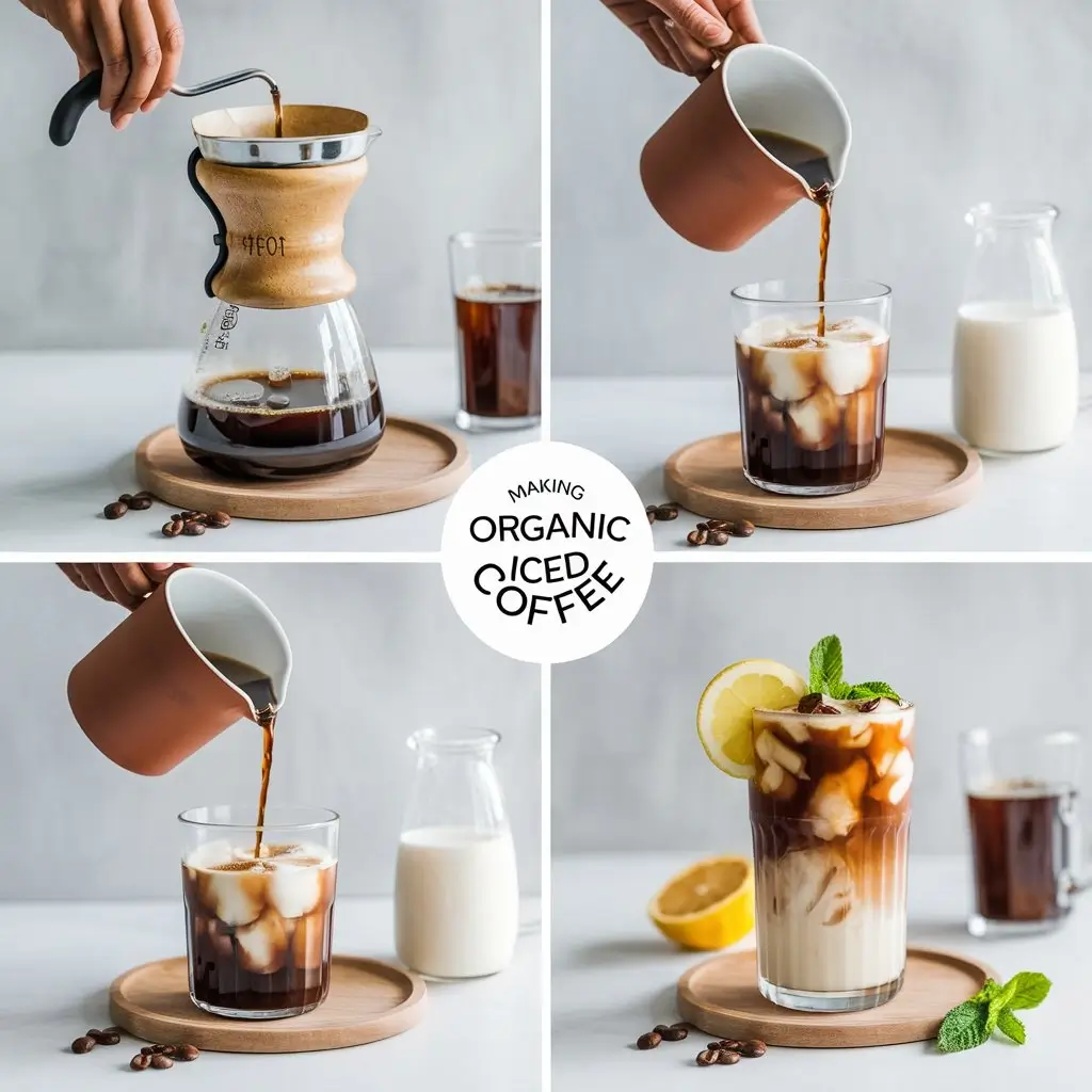 A step-by-step visual guide for making organic iced coffee.