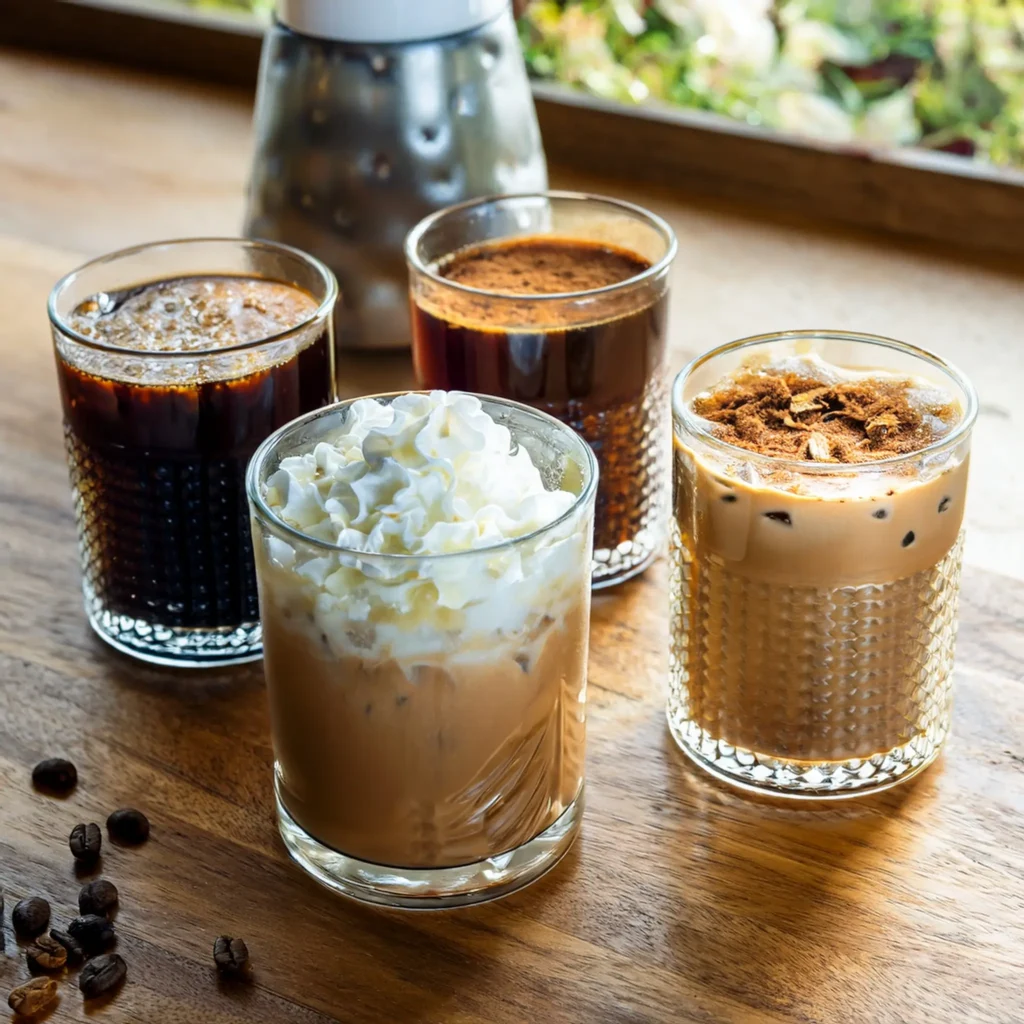 A variety of creative Bizzy Cold Brew iced coffee recipes, each with unique flavors and garnishes, arranged on a wooden countertop.