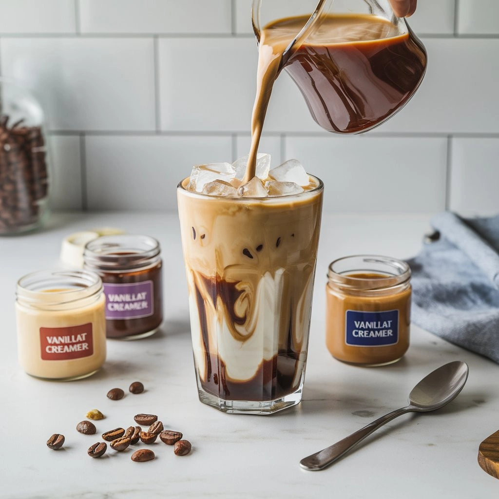 Creamy iced coffee being poured into a glass of ice, creating a marbled swirl, with flavored creamers and coffee beans nearby.