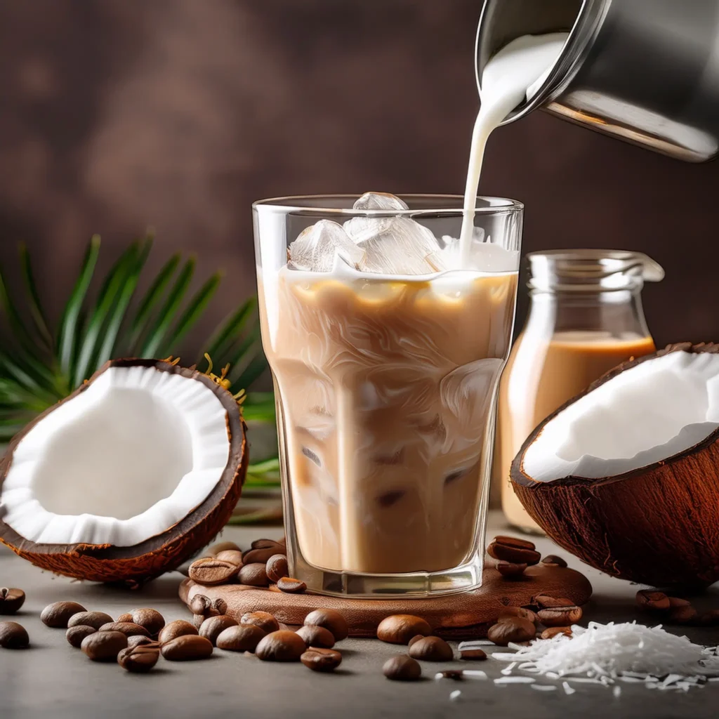 Iced coffee with coconut milk being poured, surrounded by coconut syrup, flakes, and a fresh coconut half.