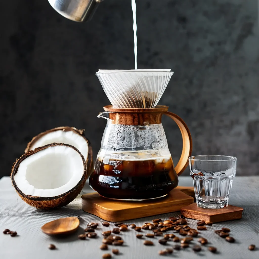 Pour-over coffee dripping into a carafe with coconut milk and a coconut half nearby, creating a tropical iced coffee base.