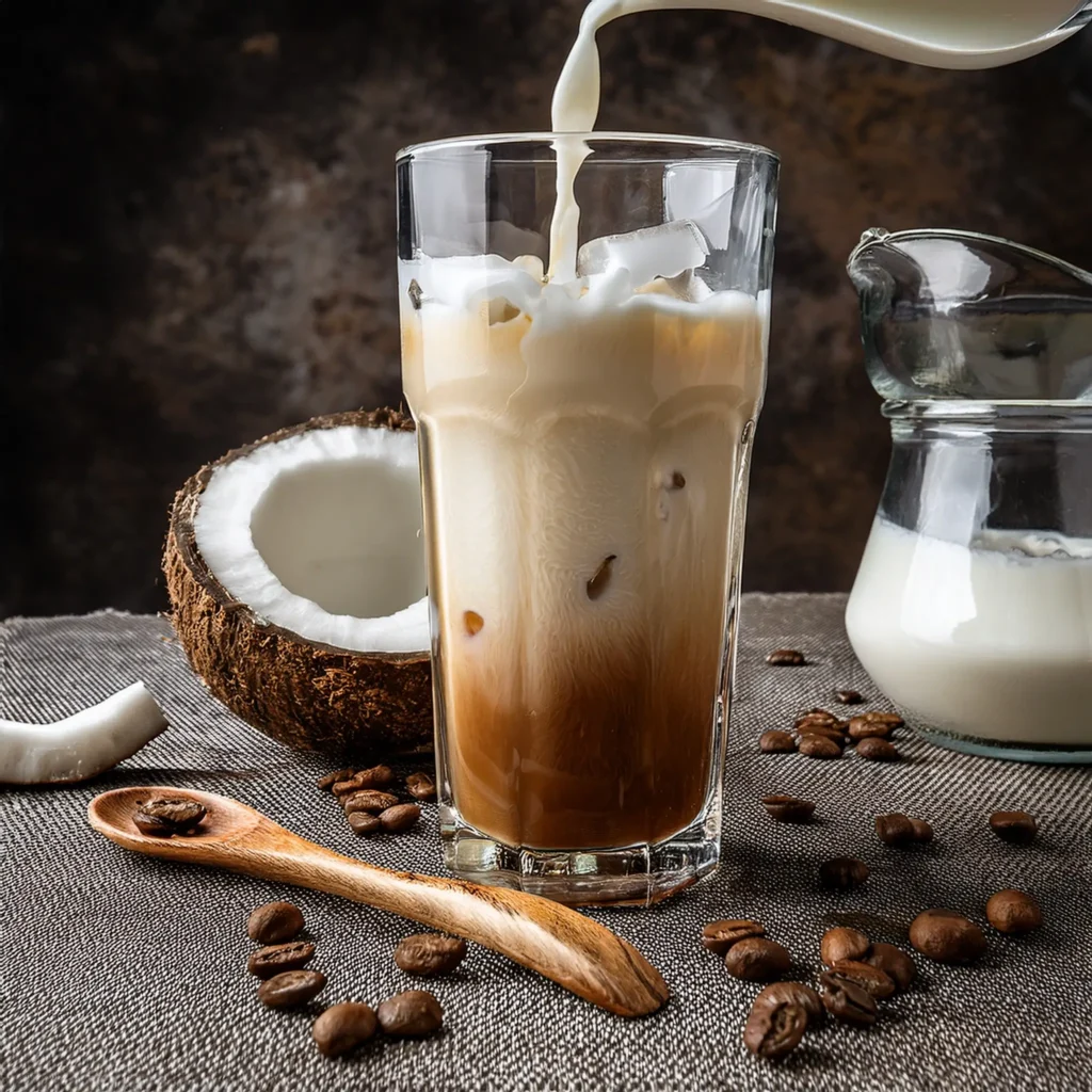 Coconut milk and syrup being poured into iced coffee, creating a creamy swirl, with shredded coconut and coffee beans nearby