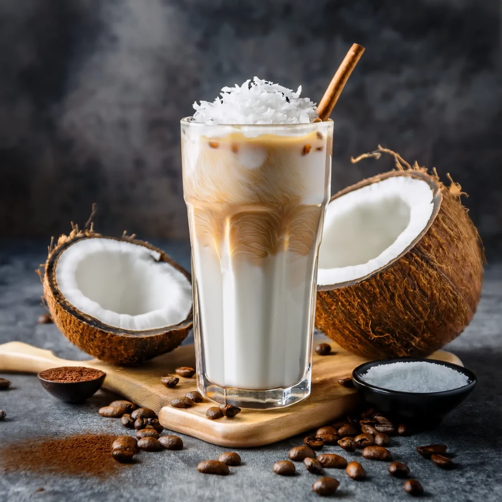 Coconut iced coffee being customized with coconut milk, syrup, and flavor options like vanilla, chocolate, and cinnamon.