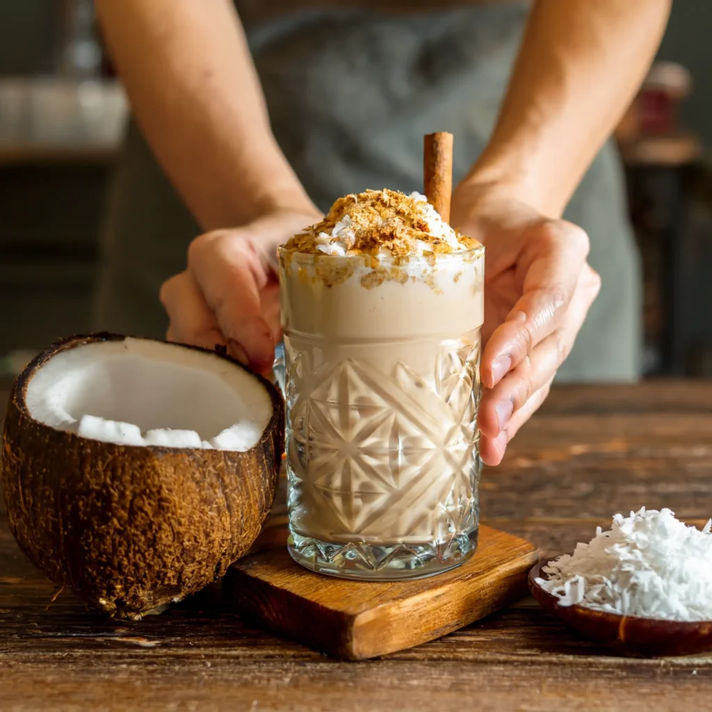 Coconut-flavored iced coffee with coconut milk, shredded coconut, and a cinnamon stick, held in hands with a cozy kitchen backdrop.