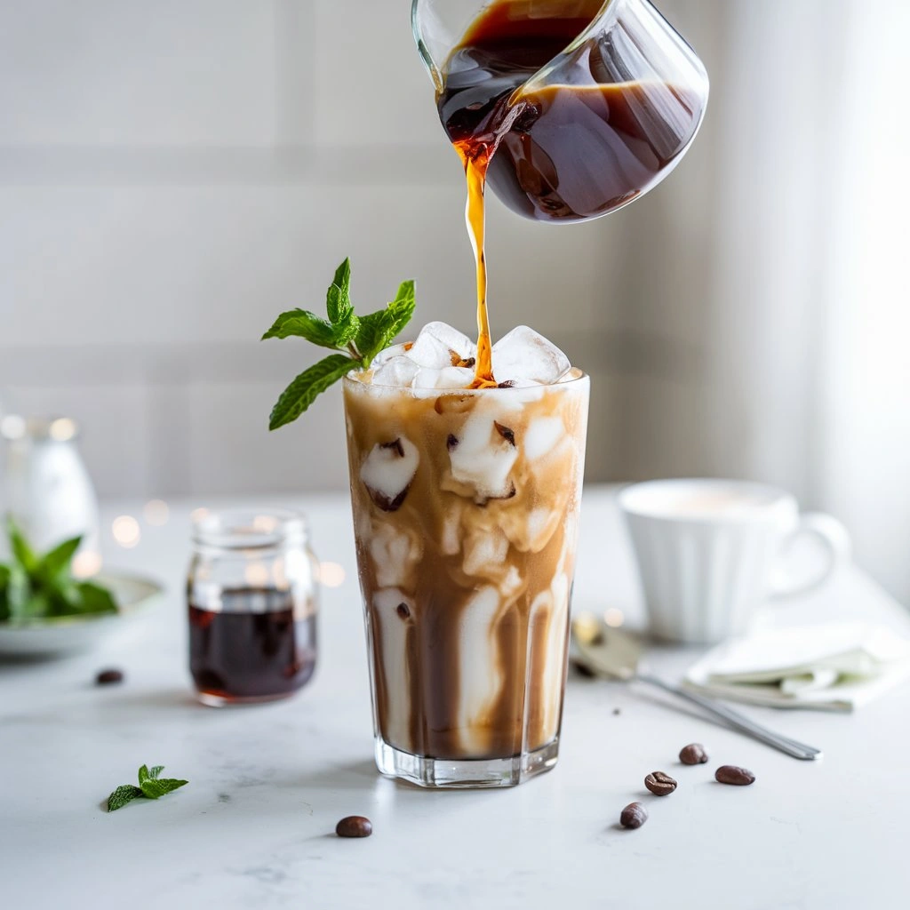 Peppermint iced coffee being poured into a glass with ice, creating a minty swirl, with fresh mint and syrup nearby.