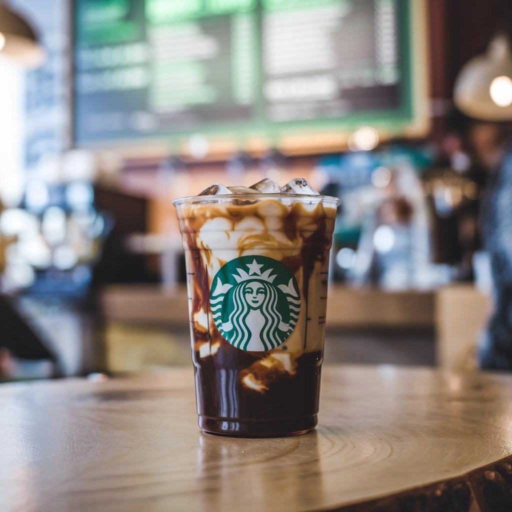 Vietnamese iced coffee in a Starbucks cup with layered coffee and condensed milk on a café table.