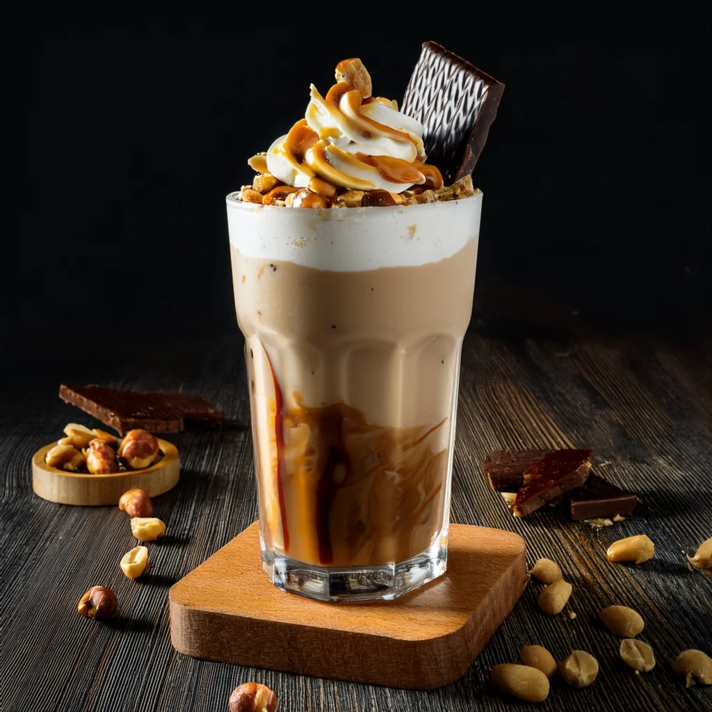 A bottle of Victor Allen's Iced Coffee Snickers next to a Snickers bar and ice.