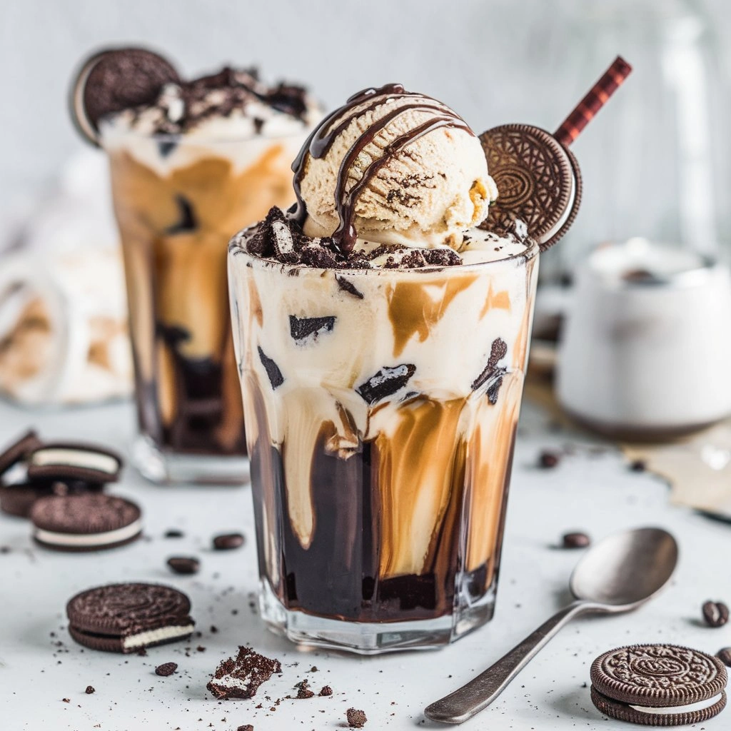 Coffee Oreo ice cream iced coffee with crumbled Oreos and chocolate syrup.