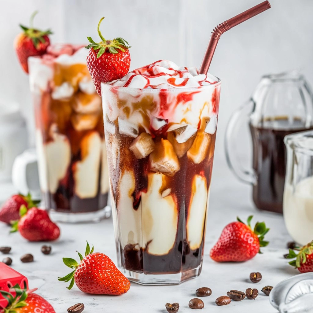 Strawberry iced coffee with milk, coffee, and strawberry purée in a tall glass.