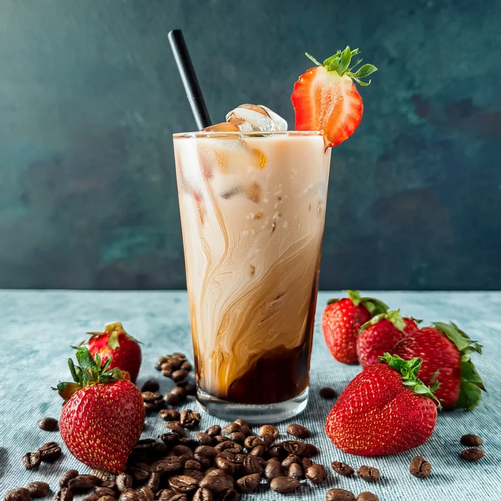 Strawberry iced coffee with milk, coffee, and strawberry syrup, garnished with a strawberry slice.