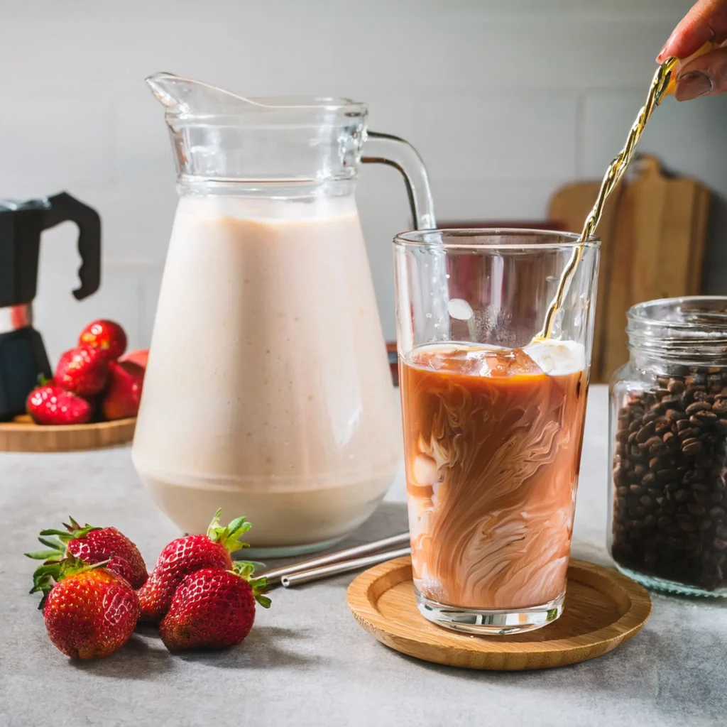 Strawberry iced coffee being assembled with milk, coffee, and strawberry syrup on a kitchen counter.