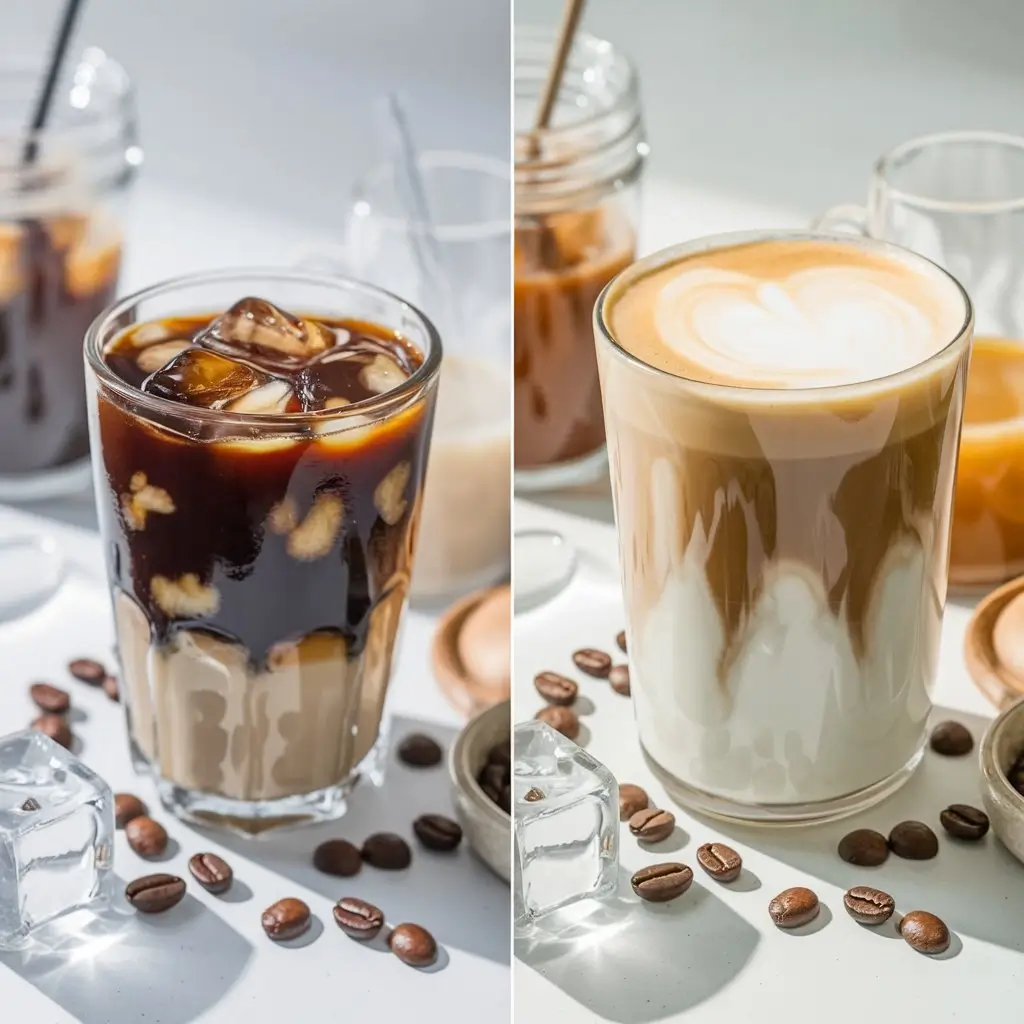 Split image comparing iced coffee with iced latte, showing their distinct colors and layers.