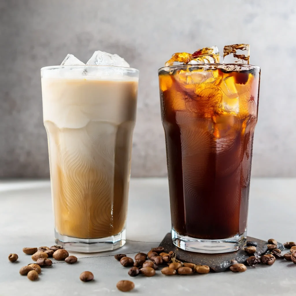 Iced coffee and iced latte comparison with dark coffee and minimal milk vs. creamy espresso and milk layers.