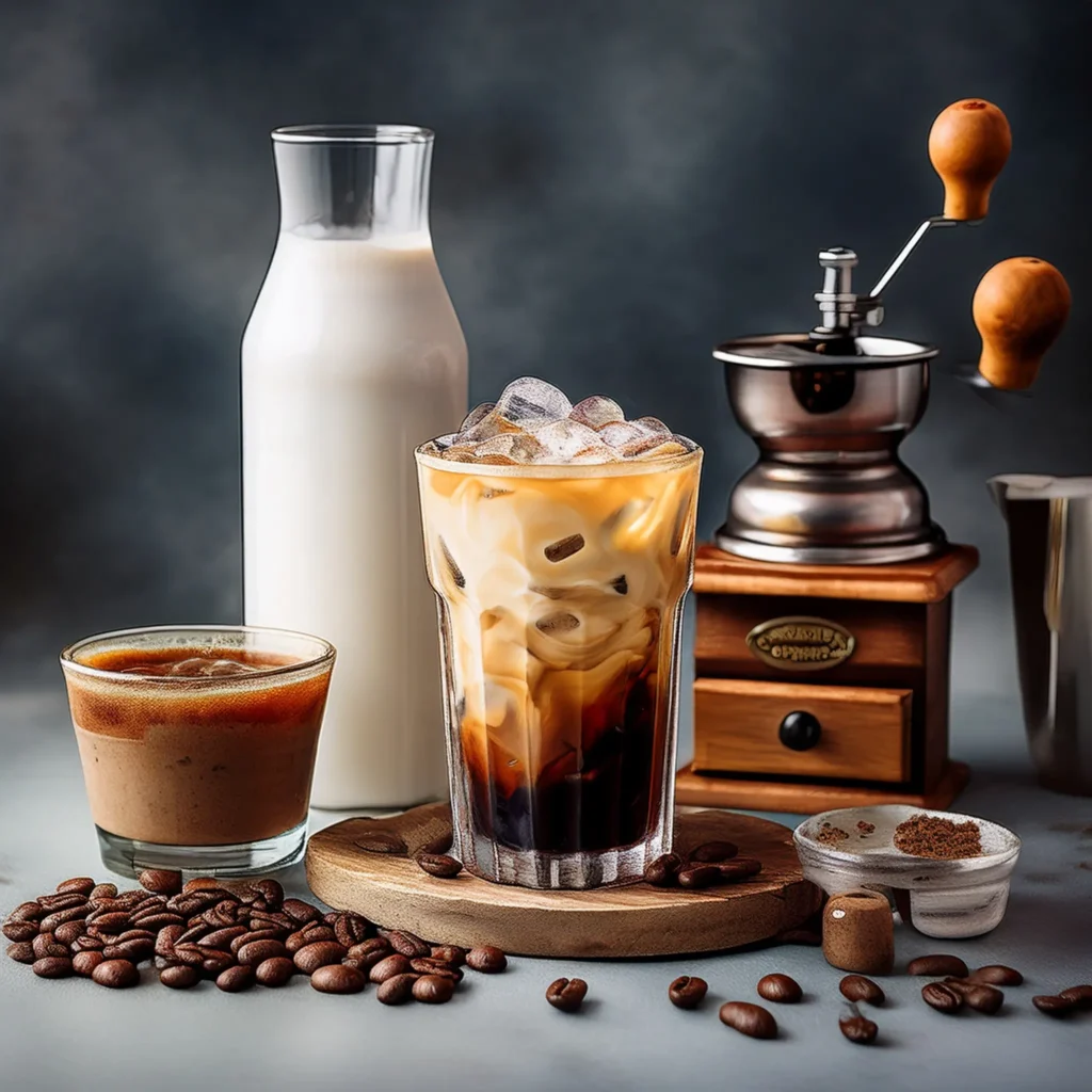 Side-by-side comparison of iced coffee and iced latte ingredients with coffee beans, ice, and milk.