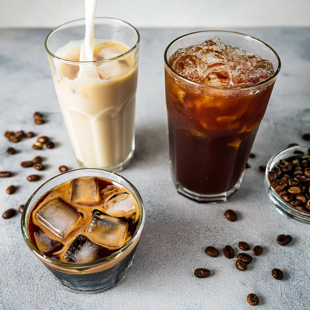 Step-by-step guide showing how to make iced coffee and iced latte with brewing, ice, and milk.