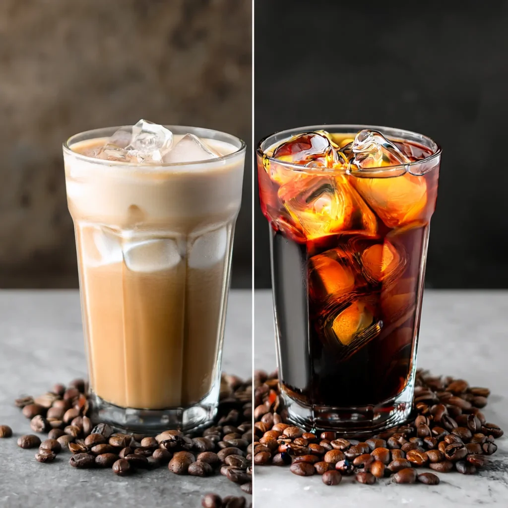 Split image comparing the bold flavor of iced coffee and the creamy flavor of iced latte.