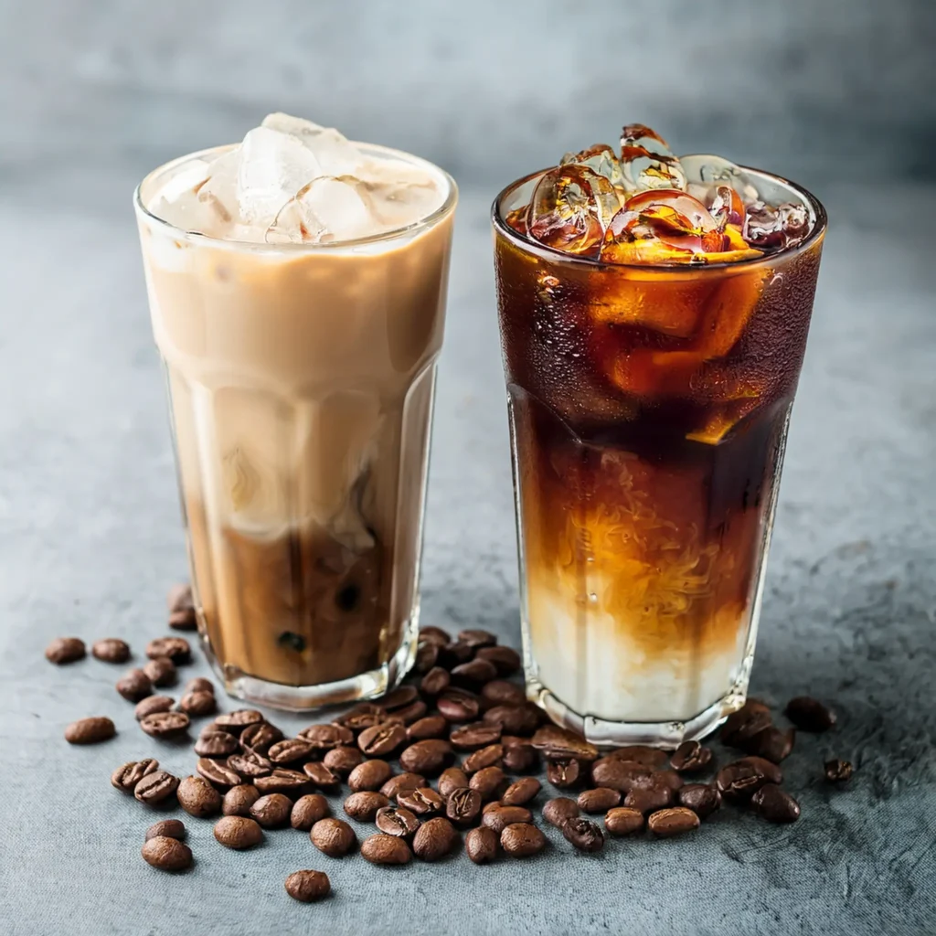 Nutritional comparison of iced coffee and iced latte with icons for calories, sugar, and milk.