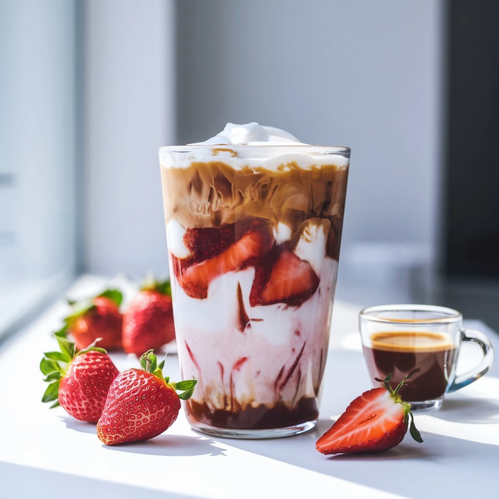 Homemade strawberry iced latte with layers of strawberry purée, milk, and espresso in a clear glass.