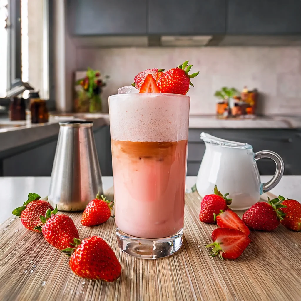 Homemade strawberry iced latte with layered strawberry purée, milk, and espresso on a kitchen counter.