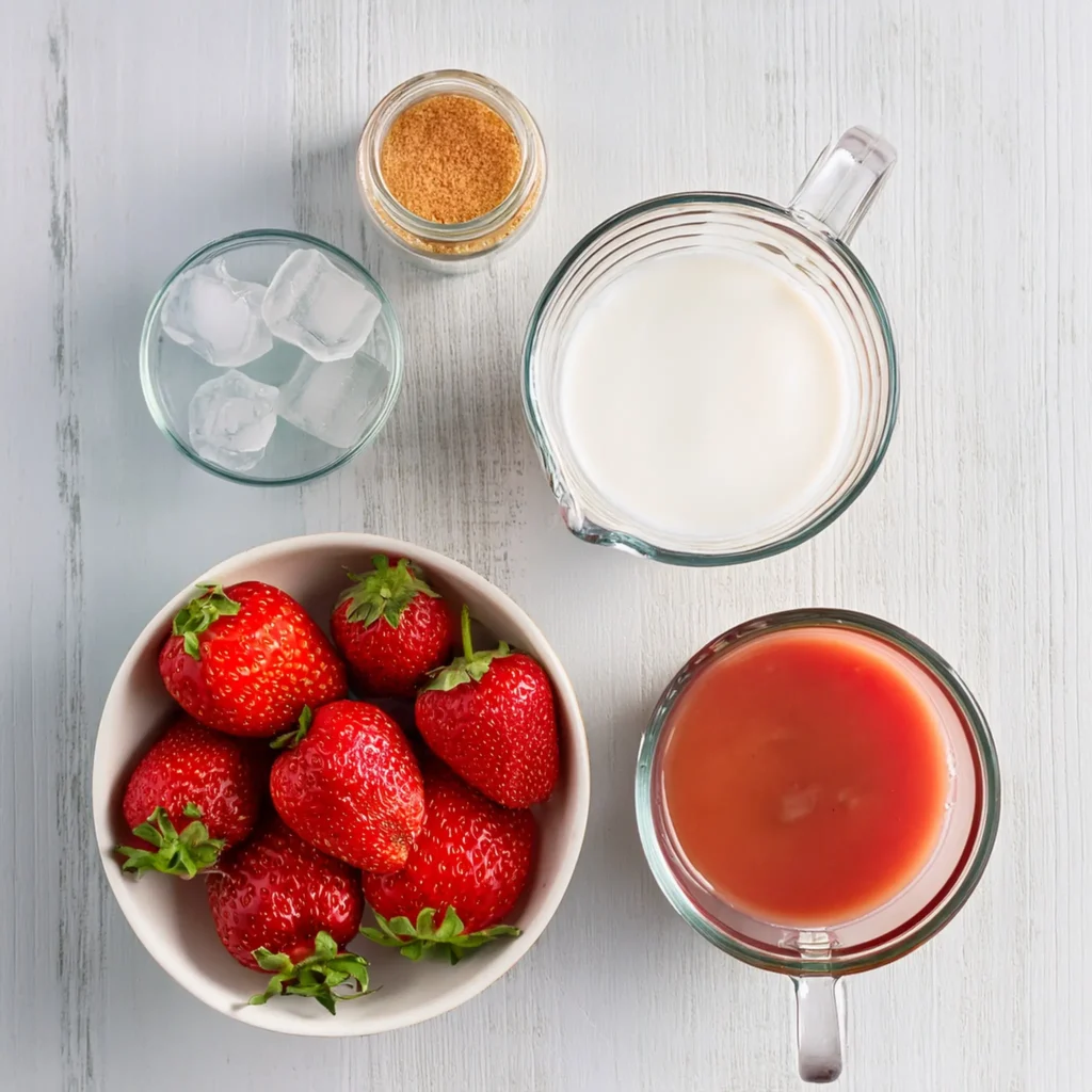 Flat lay of ingredients for a homemade Starbucks-style strawberry iced latte.