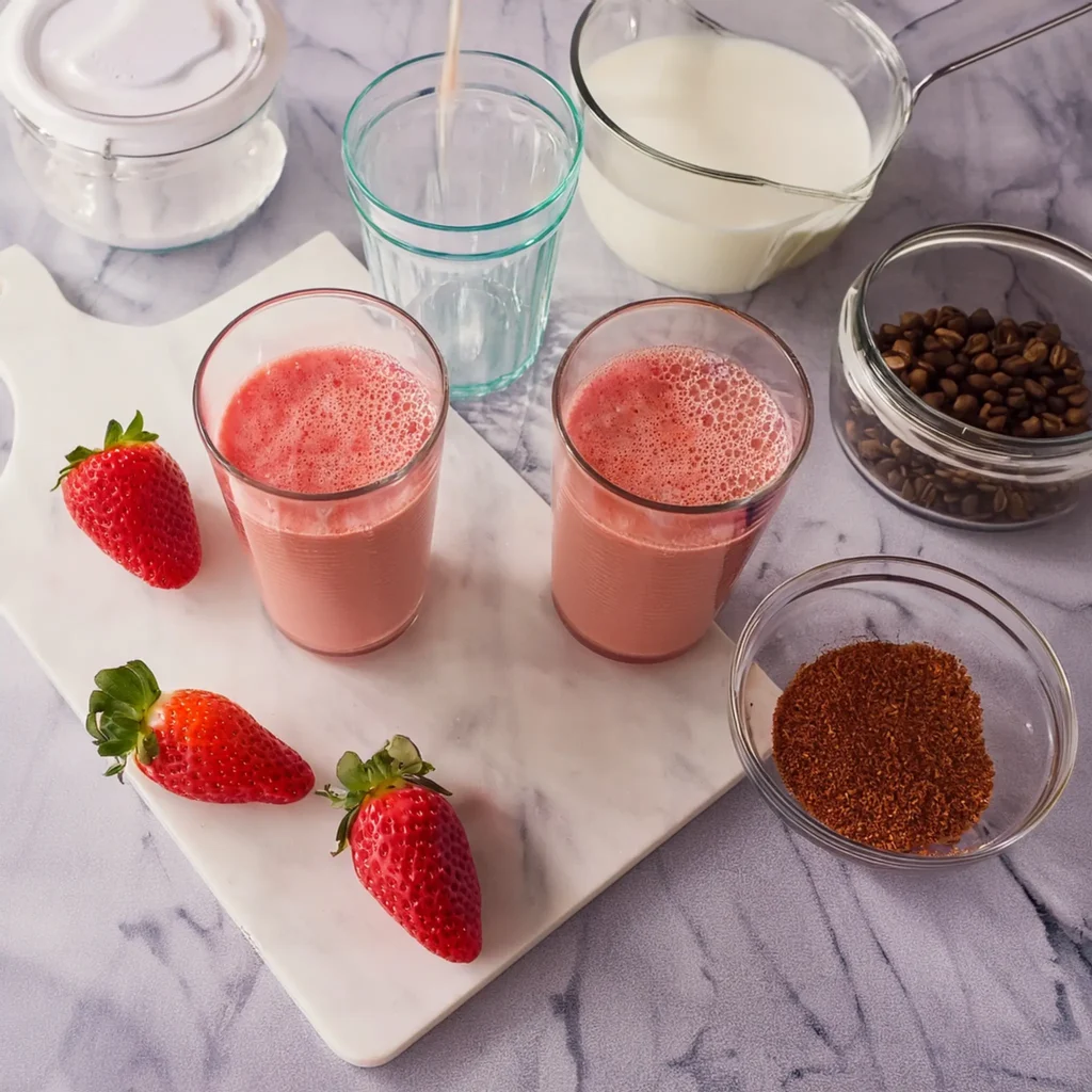 Step-by-step flat lay of making a homemade Starbucks-style strawberry iced latte.
