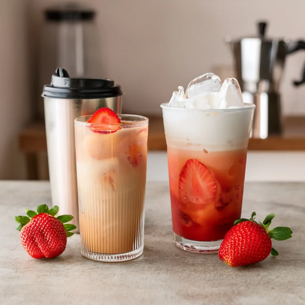 Homemade strawberry iced latte in a clear glass next to a takeout Starbucks cup.