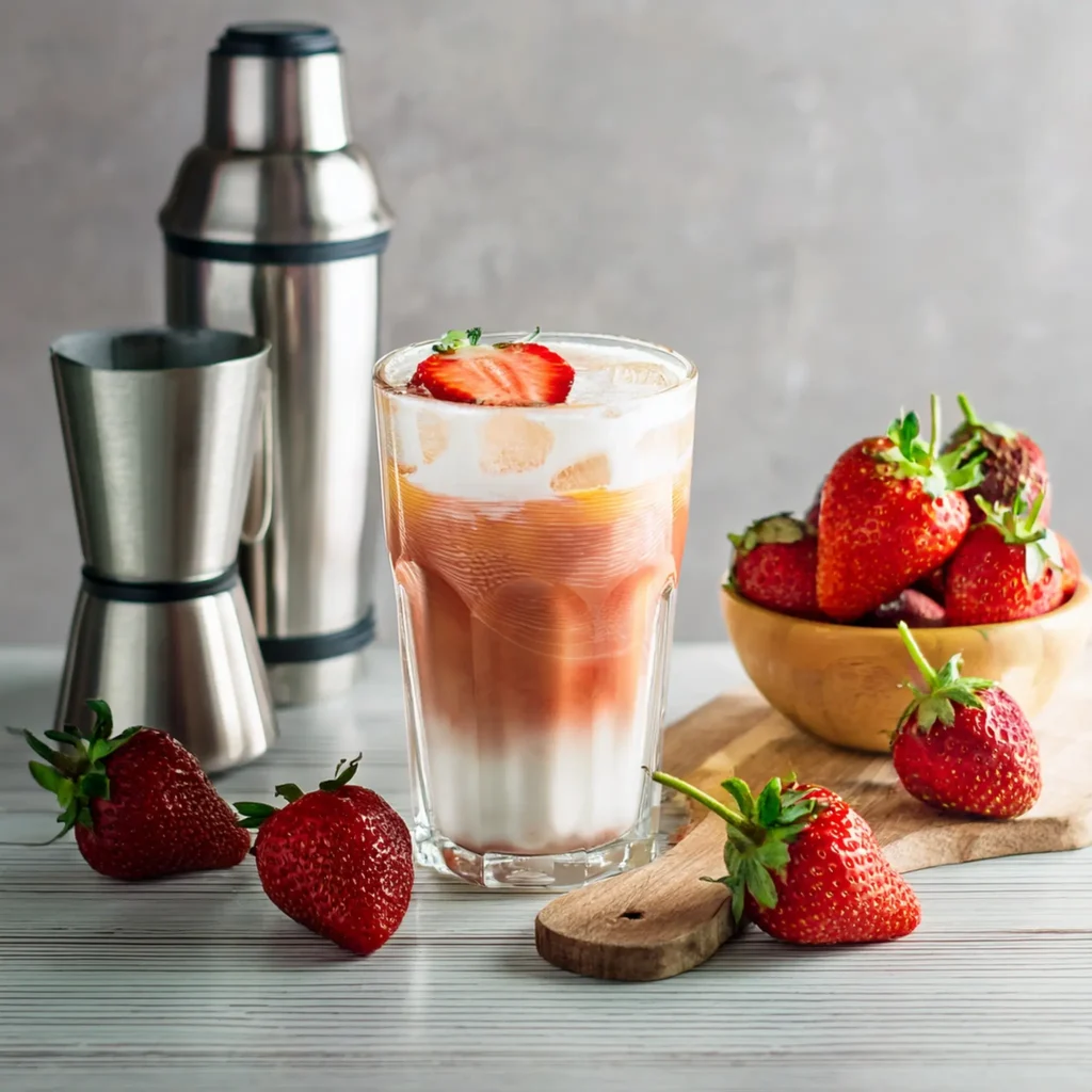 Styled kitchen scene with a strawberry iced latte and pro tips ingredients and tools.