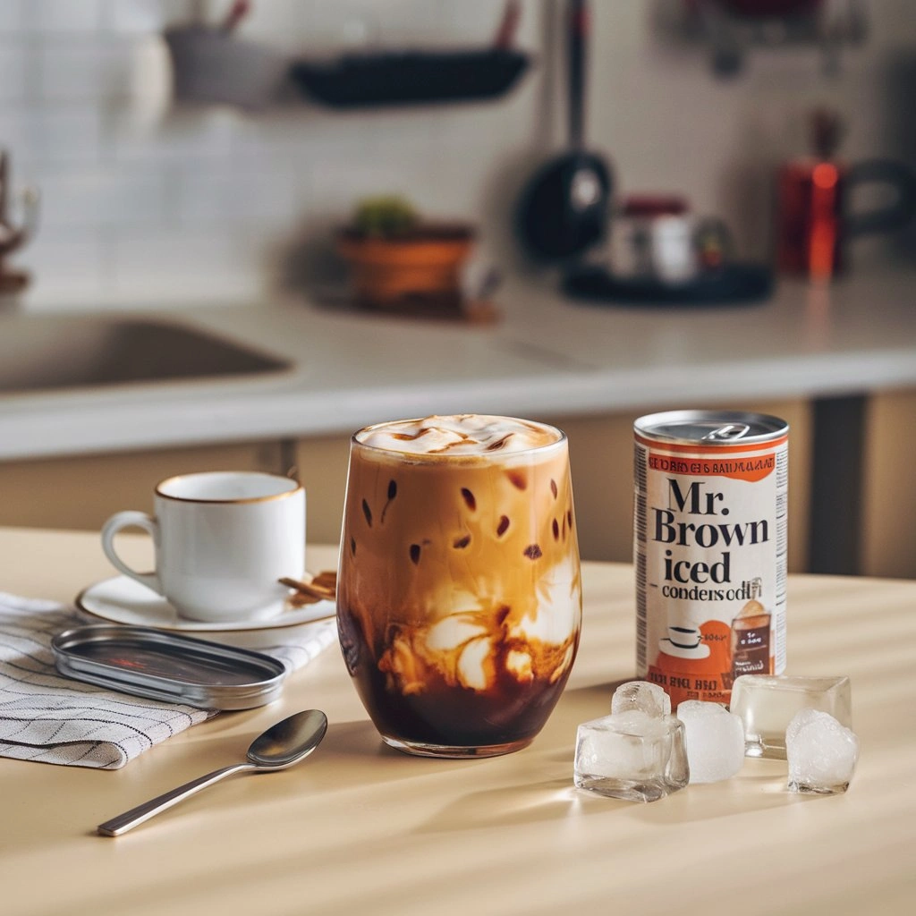 Homemade Mr. Brown iced coffee in a glass with espresso, condensed milk, and ice cubes.