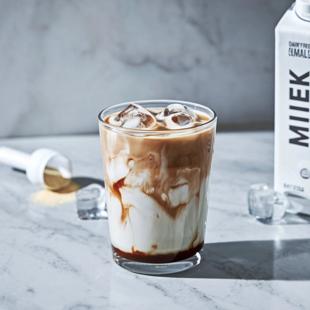 Glass of slate-colored iced coffee with plant-based milk and protein on a marble counter.
