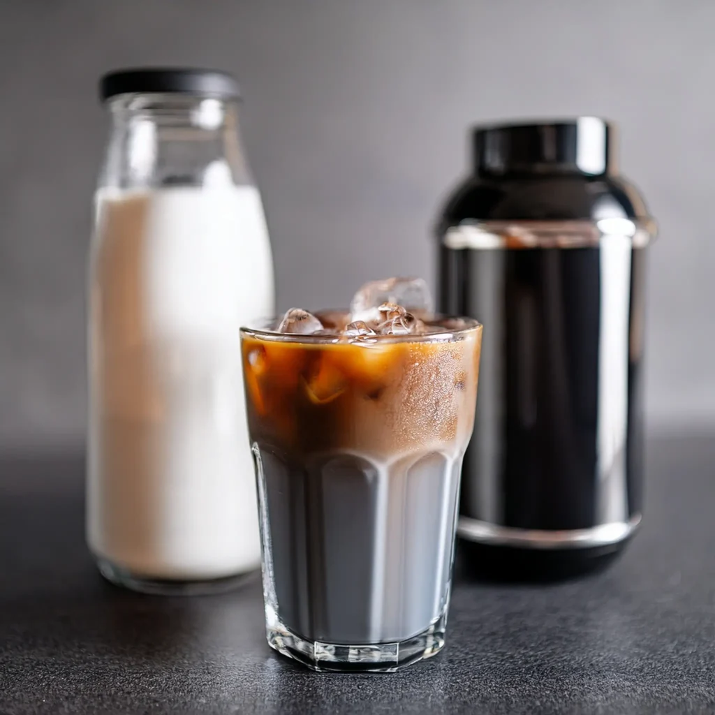 Flat lay of Slate iced coffee ingredients on a modern kitchen counter.